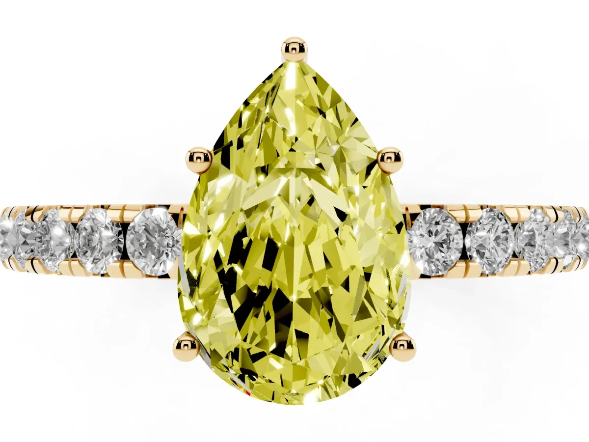 Fancy Yellow Pear Cut Diamond Pavé Solitaire Engagement Ring with Four-Prong Setting Yellow gold