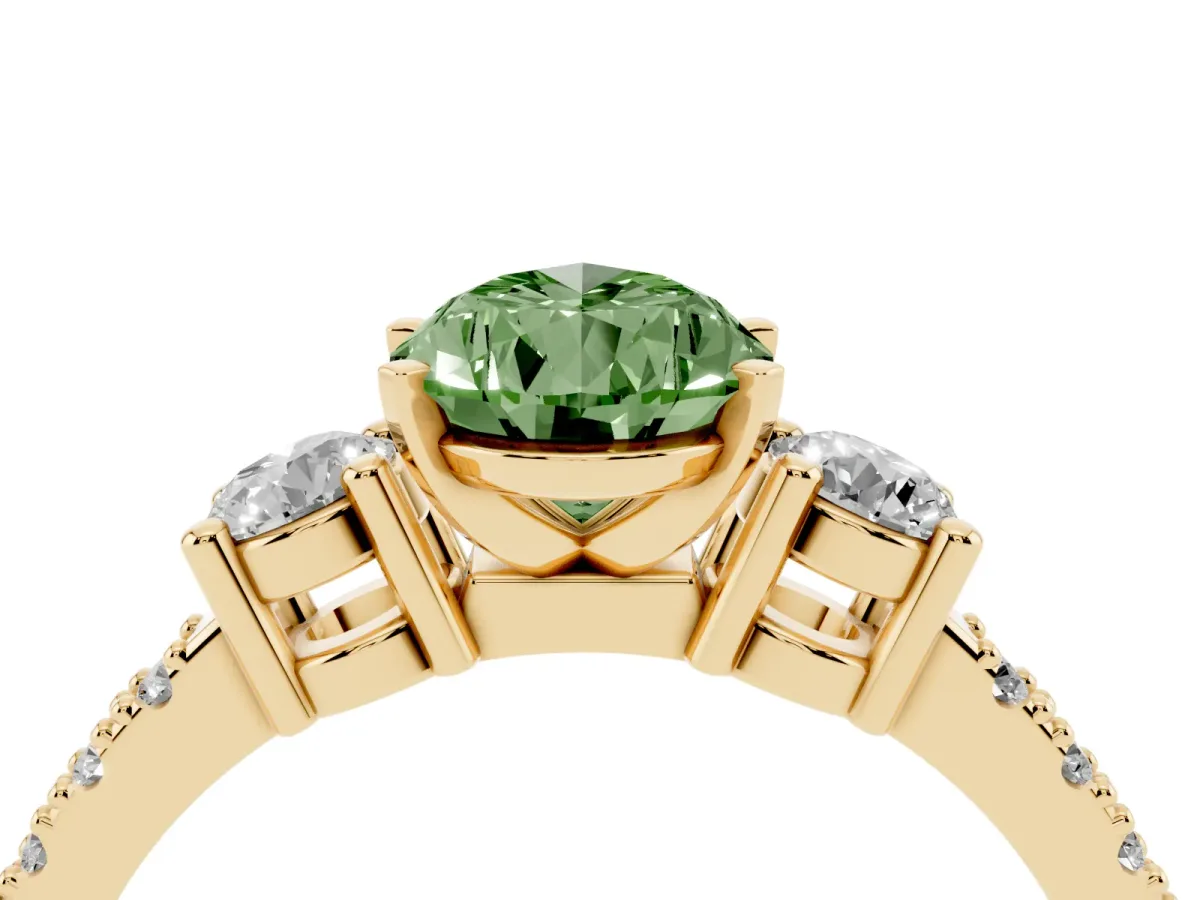 Fancy Green Pear Cut Three-Stone Diamond Pavé Band with Prong Setting Yellow gold