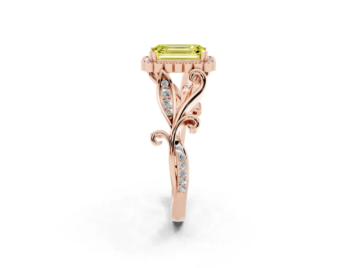 Fancy Yellow Emerald Cut Diamond Halo Ring with Vintage Split Shank and Four-Prong Setting Rose gold