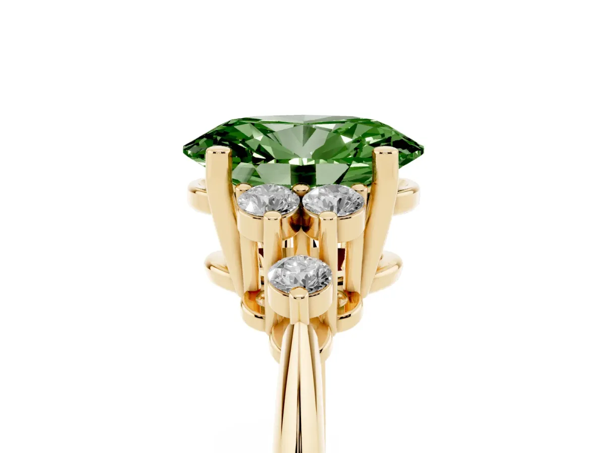 Fancy Green Oval Cut Cut Diamond Cluster Ring with Solitaire Band and Four-Prong Setting Yellow gold