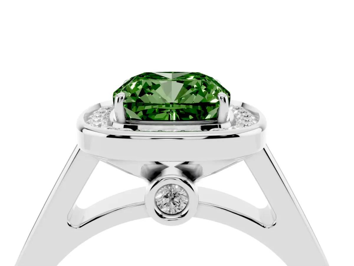 Fancy Green Cushion Cut Halo Solitaire Diamond Ring with Pave Band and Bezel Setting Platinum