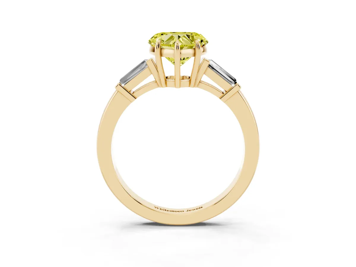 Fancy Yellow Heart Cut Diamond Three-Stone Ring with Tapered Baguette Side Stones and Prong Setting Yellow gold