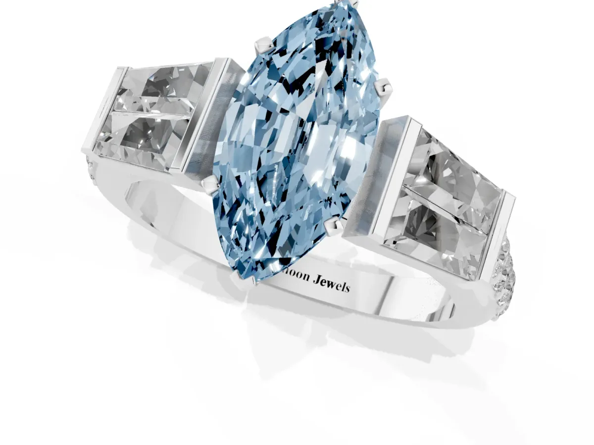 Fancy Blue Marquise Cut Diamond Engagement Ring with Baguette Side Stones and Channel Set Band Platinum