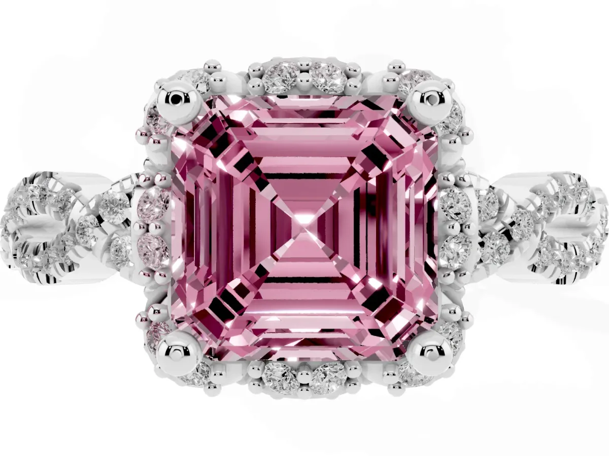 Fancy Pink Asscher Cut Halo Twist Band Solitaire Ring with Six-Prong Setting Silver