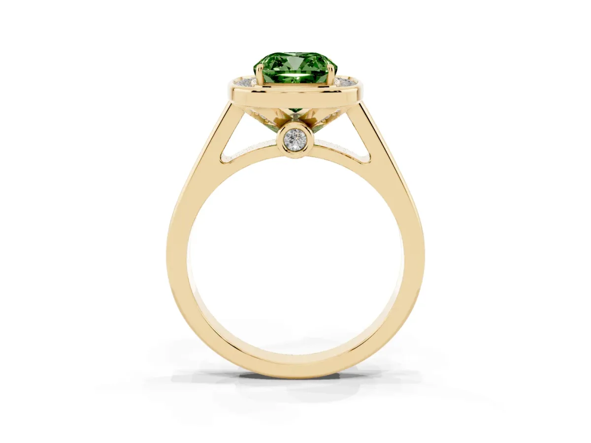 Fancy Green Cushion Cut Halo Solitaire Diamond Ring with Pave Band and Bezel Setting Yellow gold