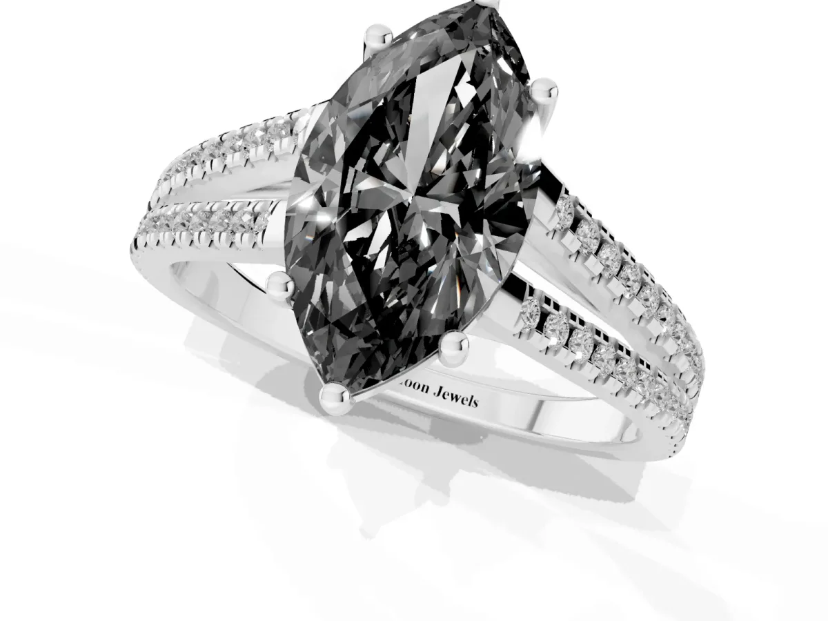 Fancy Black Marquise Cut Diamond Solitaire Engagement Ring with Split Shank Pavé Band Silver