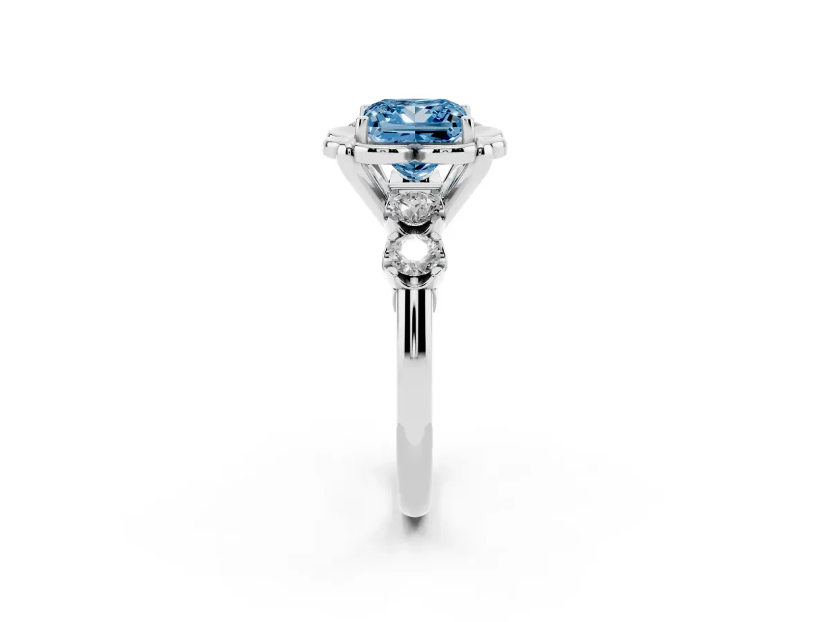 Fancy Blue Princess Cut Cut Diamond Floral Halo Engagement Ring with Shared Prong Setting Silver