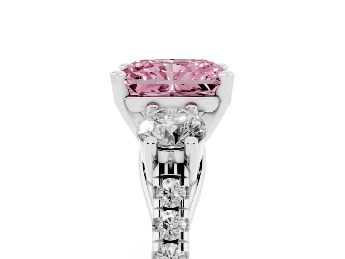 Fancy Pink Three-Stone Radiant Cut Diamond Pavé Band with Four-Prong Setting Silver