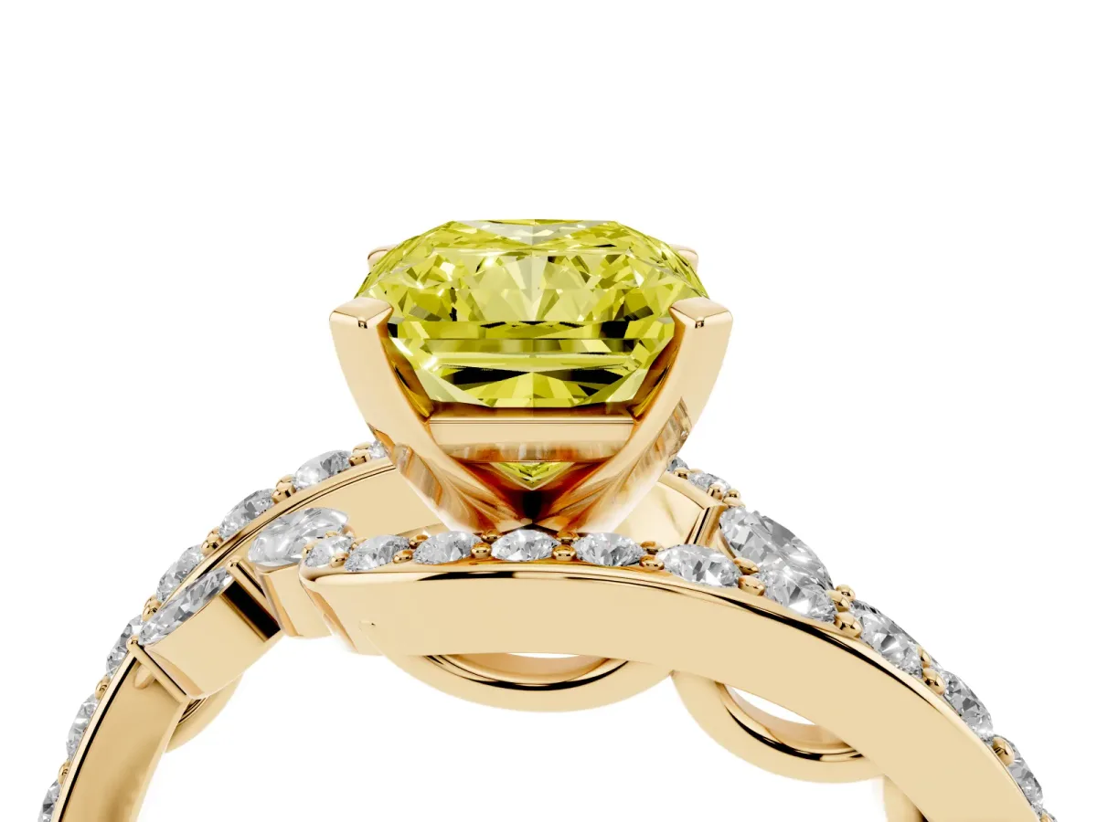 Fancy Yellow Radiant Cut Solitaire with Pavé Twist Band and Four-Prong Setting Yellow gold