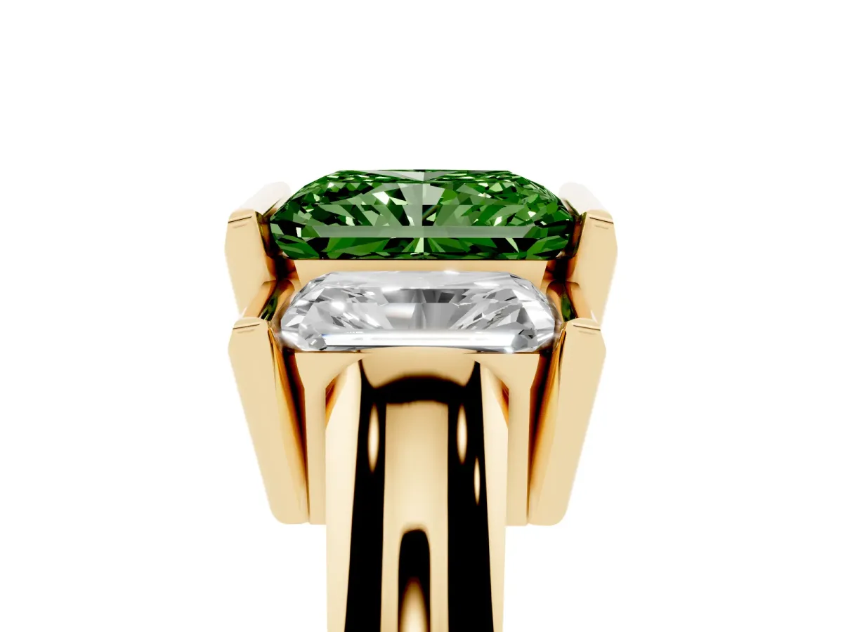 Fancy Green Three Stone Radiant Cut Cut Channel Set Diamond Ring Yellow gold