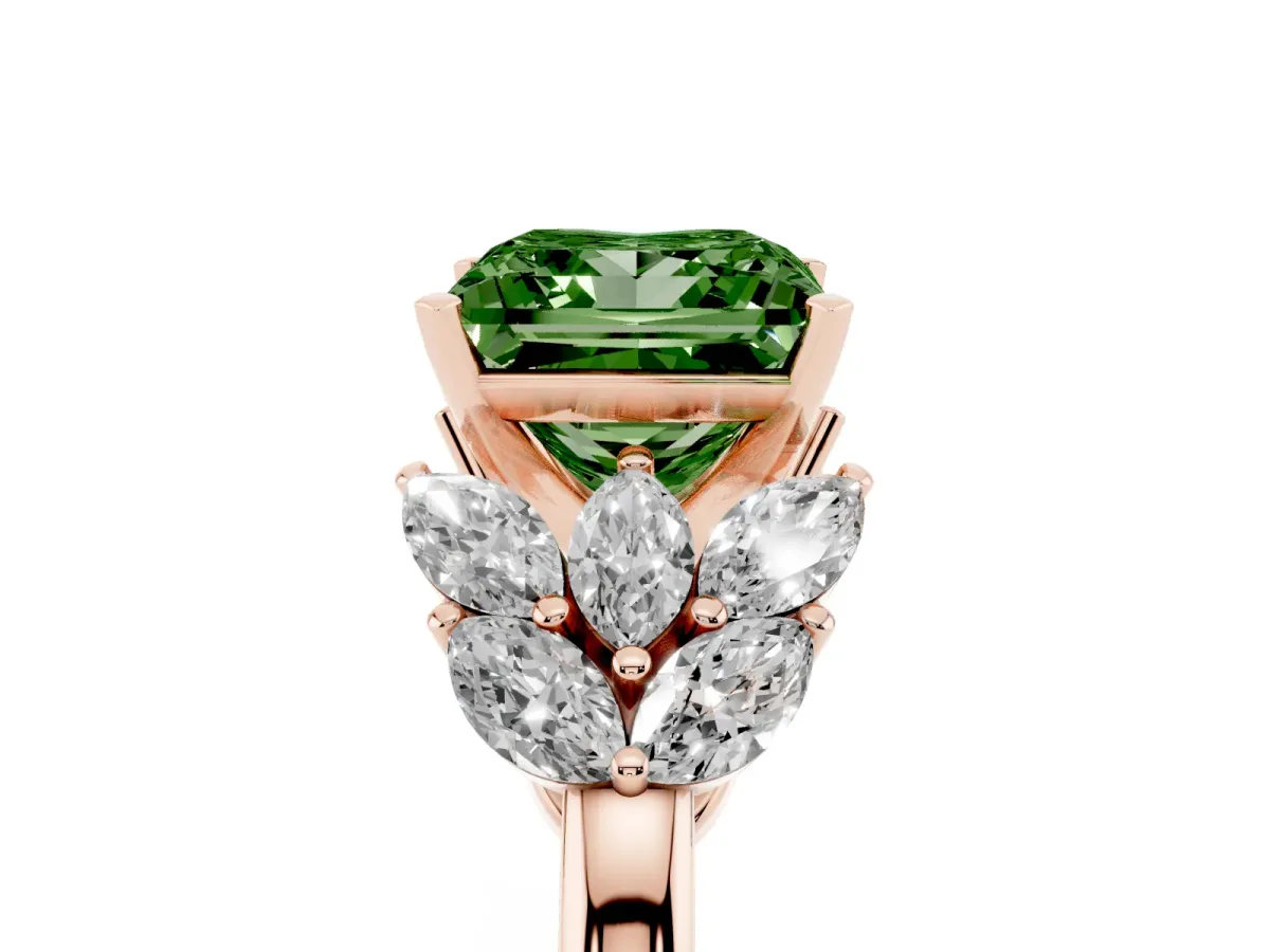 Fancy Green Princess Cut Diamond Cluster Leaf Design Ring with Prong Setting Rose gold