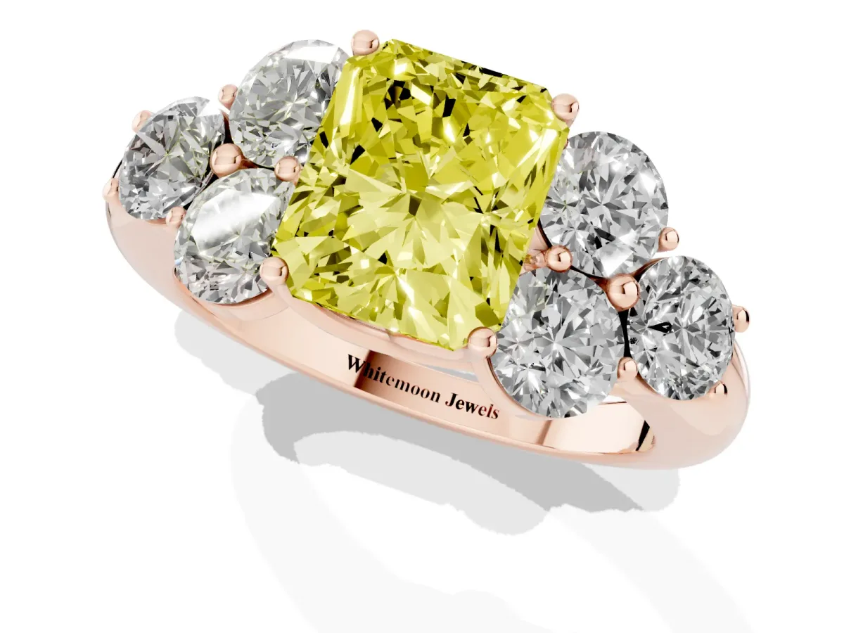 Fancy Yellow Radiant Cut Cut Diamond Cluster Ring with Round Accent Stones and Prong Setting on a Classic Band Rose gold