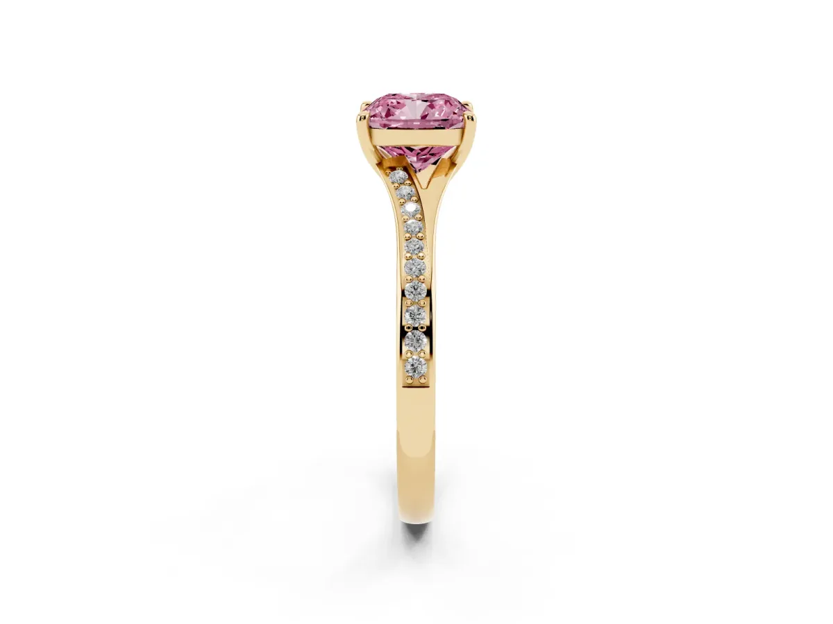 Fancy Pink Cushion Cut Diamond Solitaire Ring with Pavé Band and Prong Setting Yellow gold