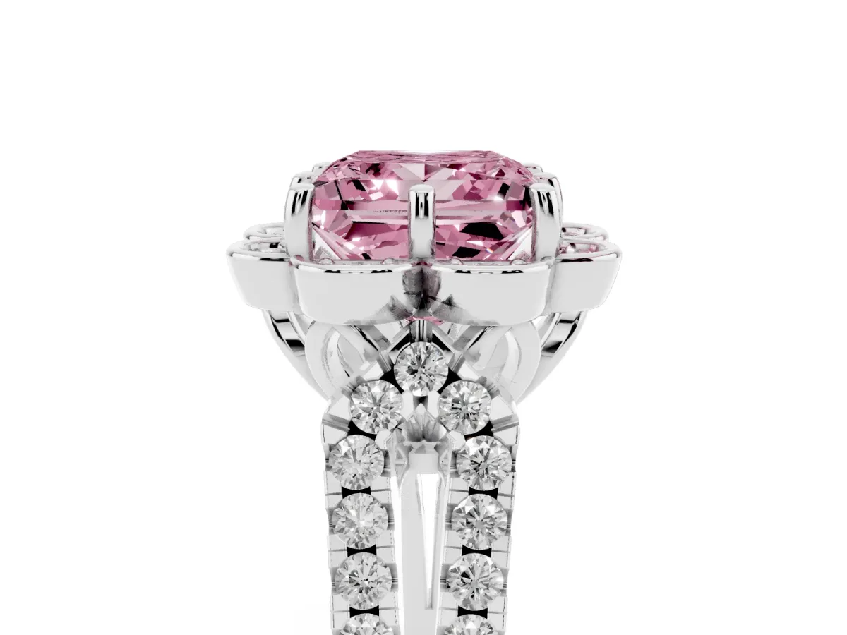 Fancy Pink Princess Cut Halo Diamond Floral Split Shank Engagement Ring Silver