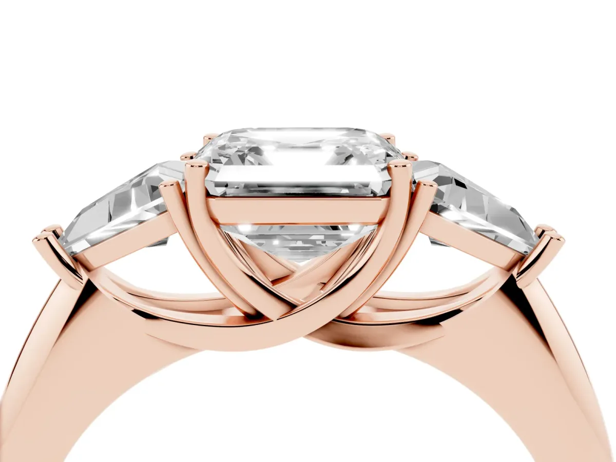Three-Stone Asscher Cut Diamond Engagement Ring with Trillion Side Stones and Prong Setting Rose gold