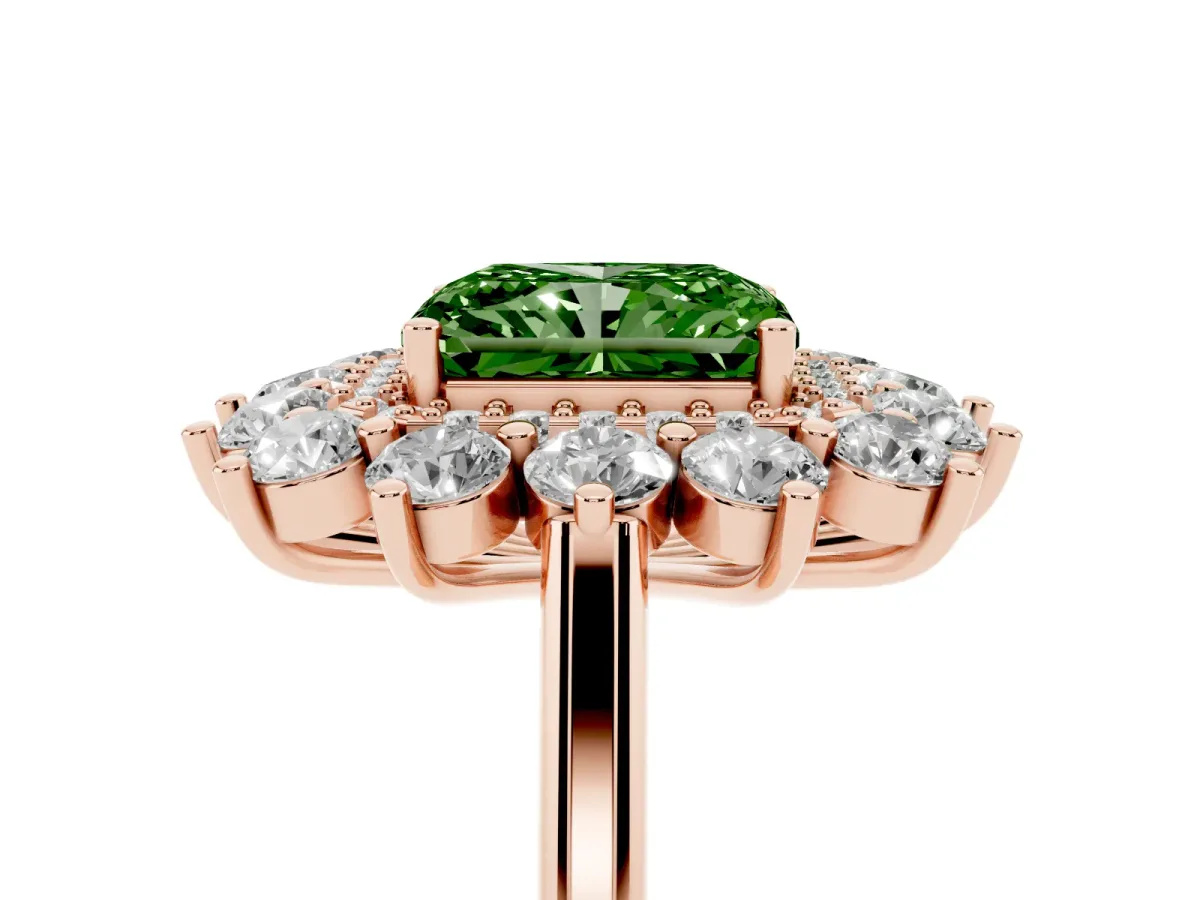 Fancy Green Radiant Cut Diamond Floral Double Halo Engagement Ring with Prong Setting Rose gold