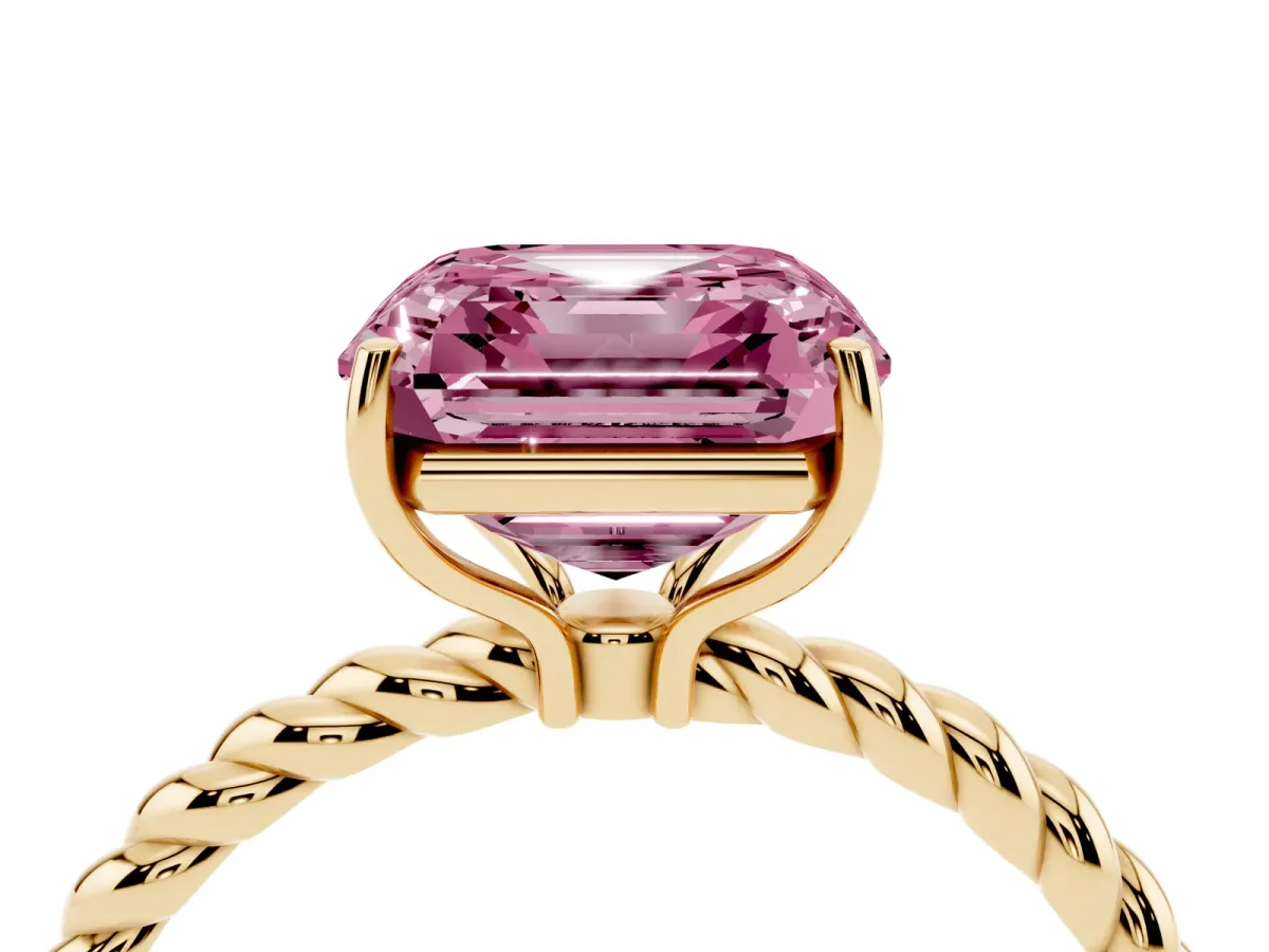Fancy Pink Asscher Cut Solitaire Twist Band Ring with Four-Prong Setting Yellow gold