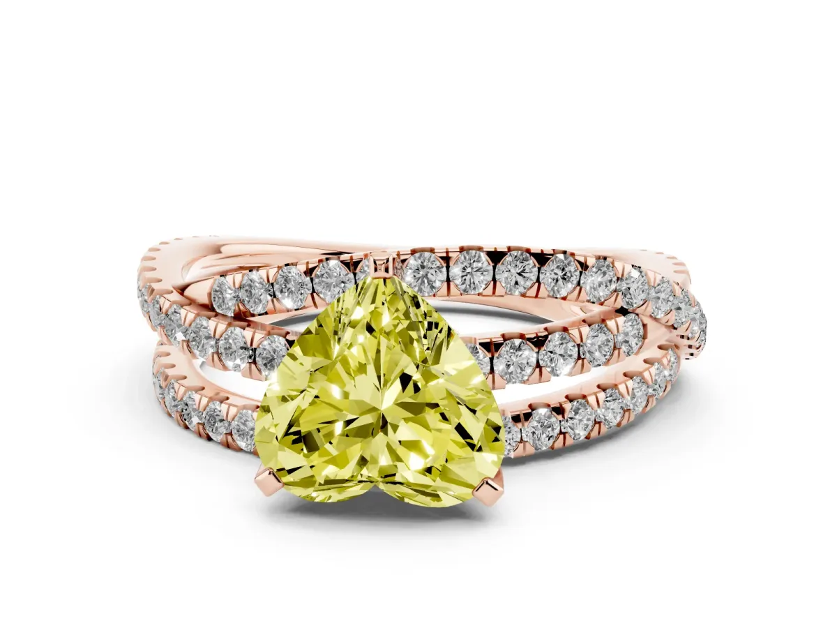 Fancy Yellow Heart Cut Solitaire Twist Band with Pavé Setting and Four-Prong Setting Rose gold