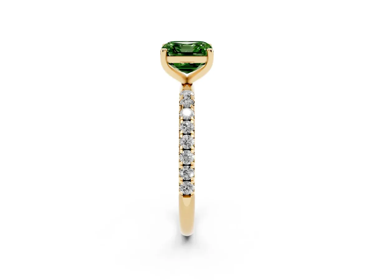 Fancy Green Asscher Cut Cut Diamond Solitaire Ring with Micro Pave Band and Four Prong Setting Yellow gold