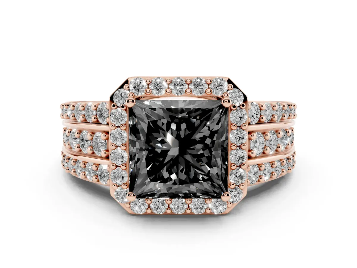 Fancy Black Princess Cut Halo Diamond Ring with Round Split Shank and Prong Setting Rose gold