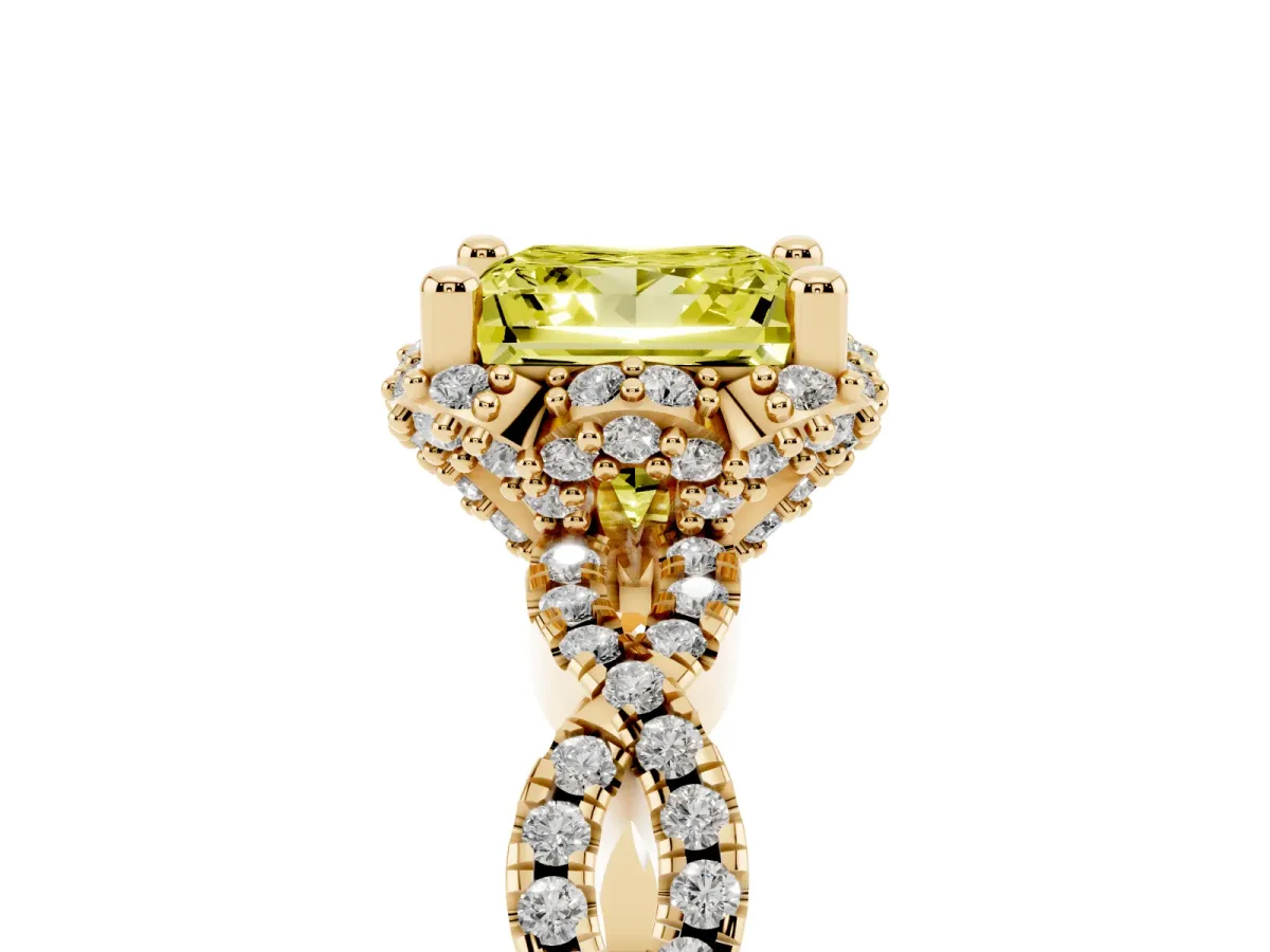 Fancy Yellow Princess Cut Halo Twist Band Solitaire Ring with Six-Prong Setting Yellow gold
