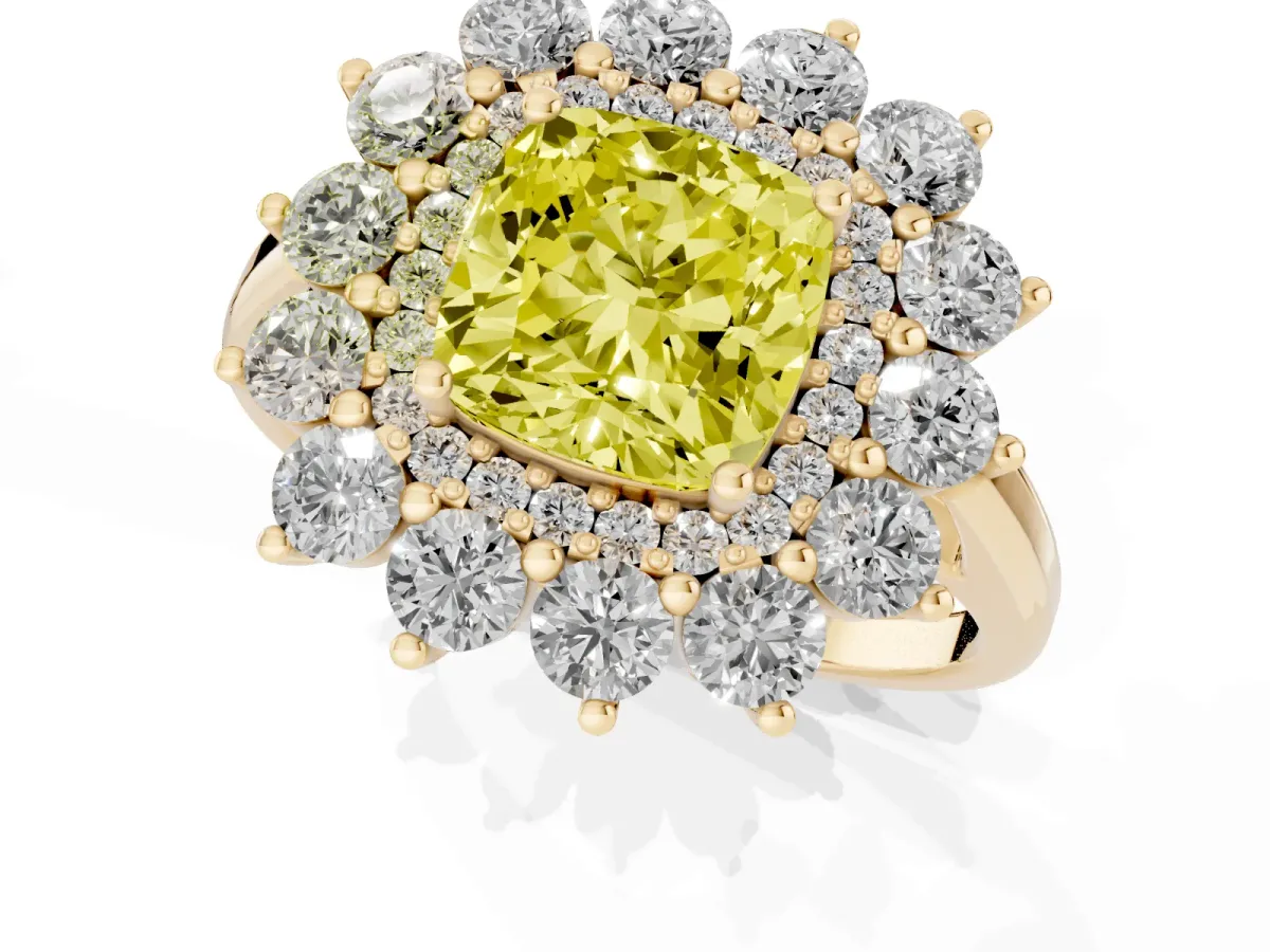 Fancy Yellow Cushion Cut Diamond Floral Double Halo Engagement Ring with Prong Setting Yellow gold