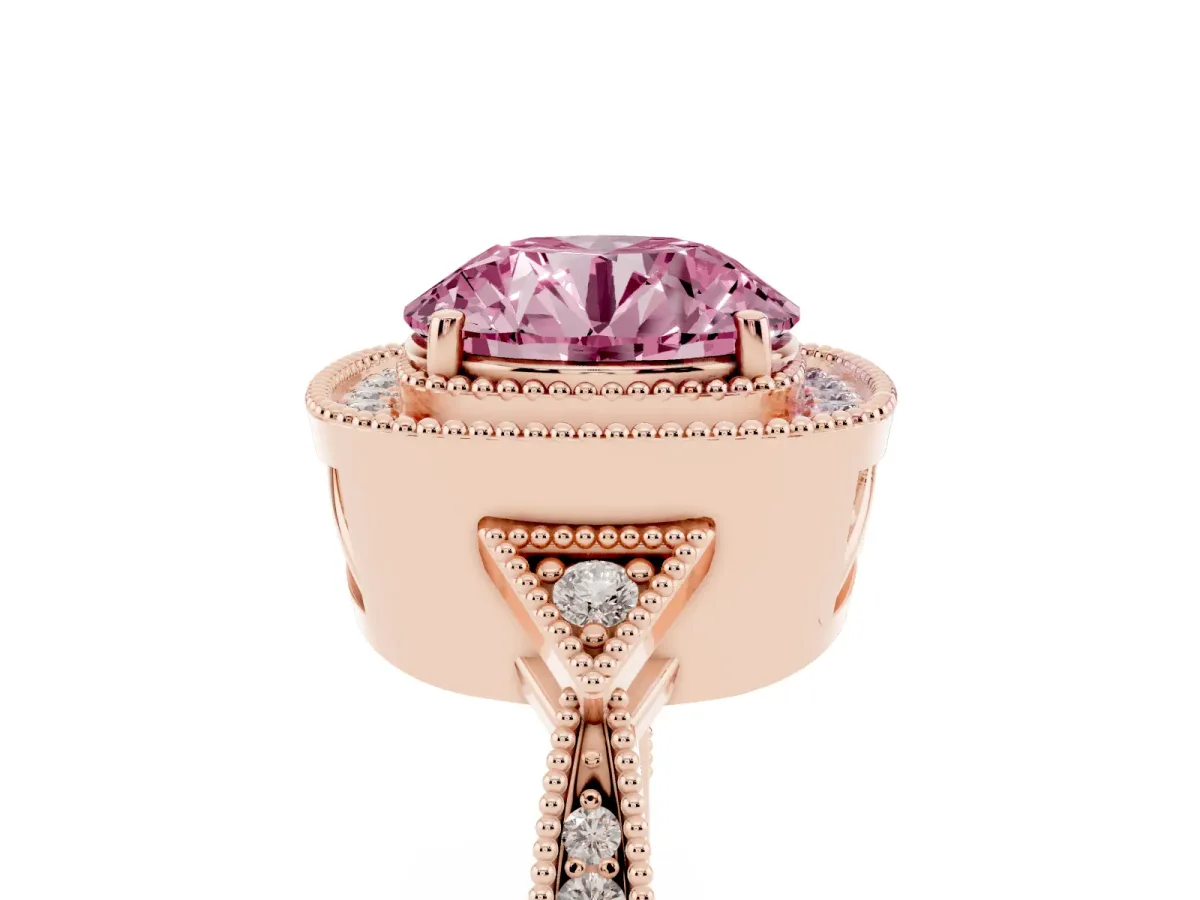 Fancy Pink Round Cut Halo Round Diamond Milgrain Pave Engagement Ring Rose gold