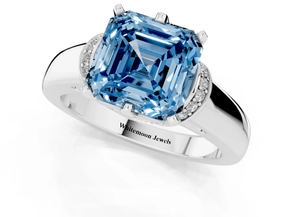 Fancy Blue Asscher Cut Solitaire Diamond Ring with Pave Band and Six-Prong Setting Silver
