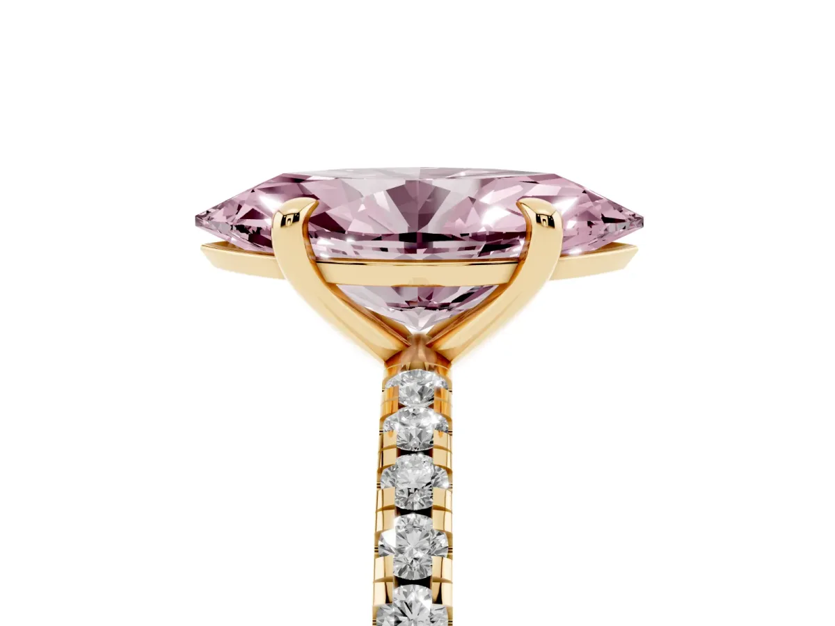 Fancy Pink Marquise Cut Diamond Brilliant Solitaire Ring with Pavé Band and Four-Prong Setting Yellow gold