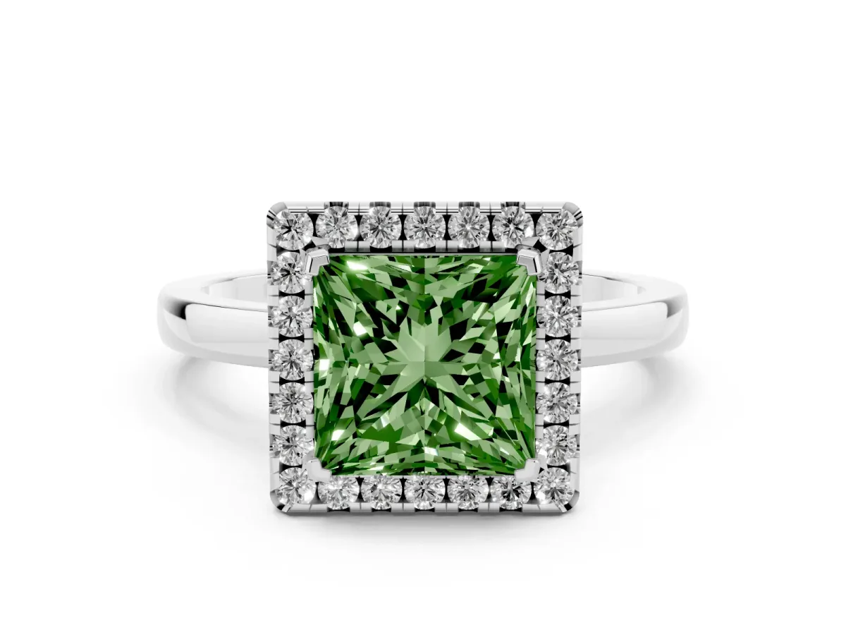 Fancy Green Princess Cut Halo Diamond Solitaire with Pavé Band and Four-Prong Setting Silver
