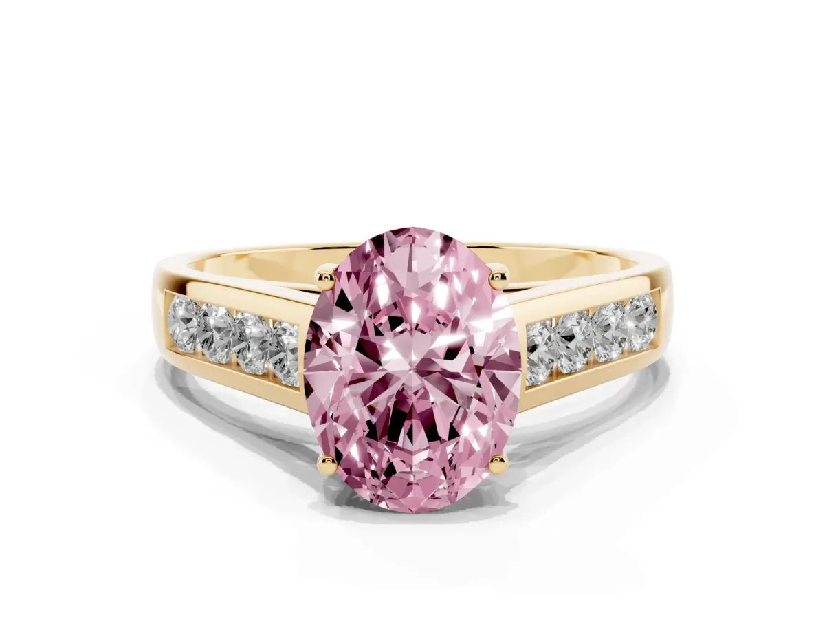 Fancy Pink Oval Cut Solitaire Channel-Set Diamond Engagement Ring with Four-Prong Setting Yellow gold