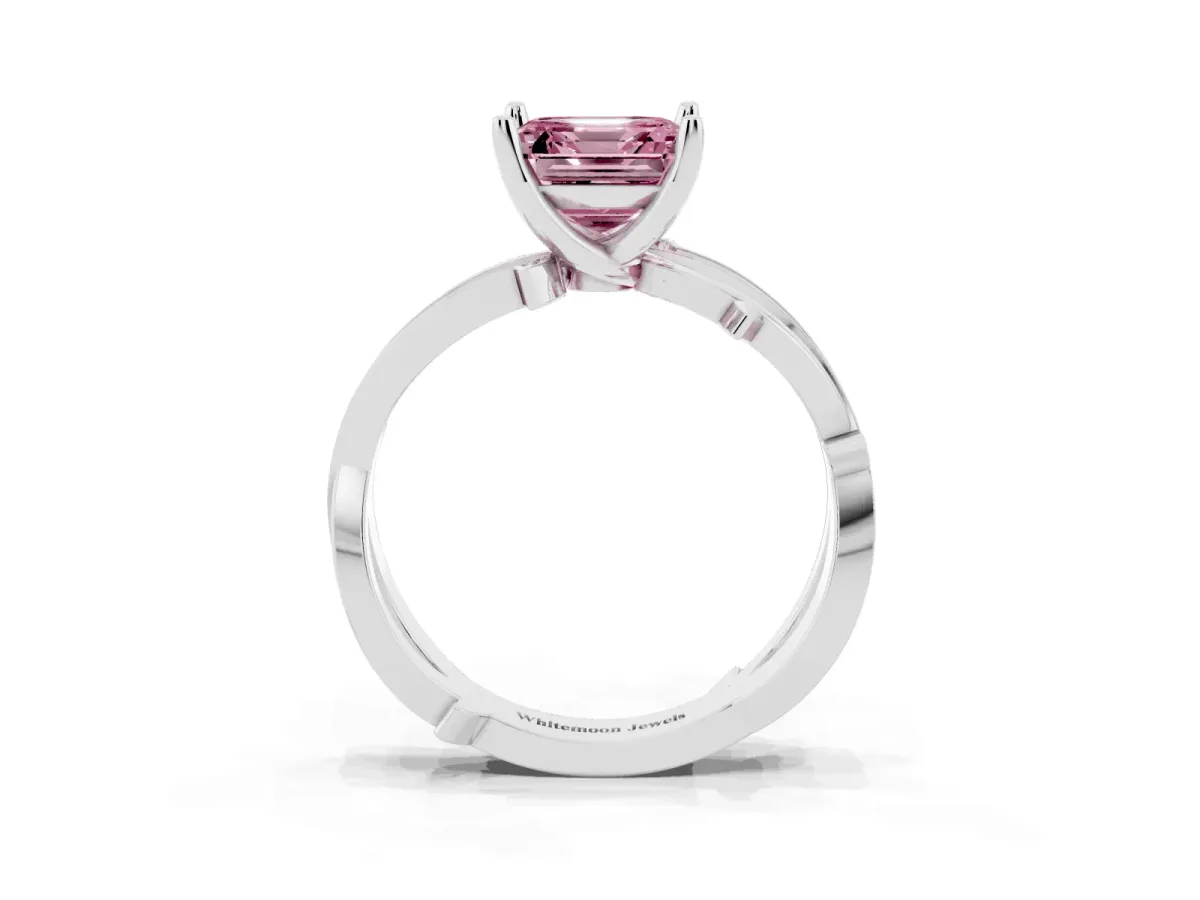Fancy Pink Asscher Cut Solitaire Twist Band with Pavé Accents and Four-Prong Setting Platinum