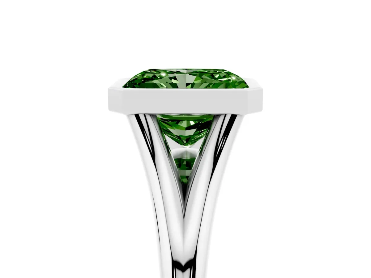 Fancy Green Bezel Set Radiant Cut Cut Solitaire Ring with Tapered Band Silver