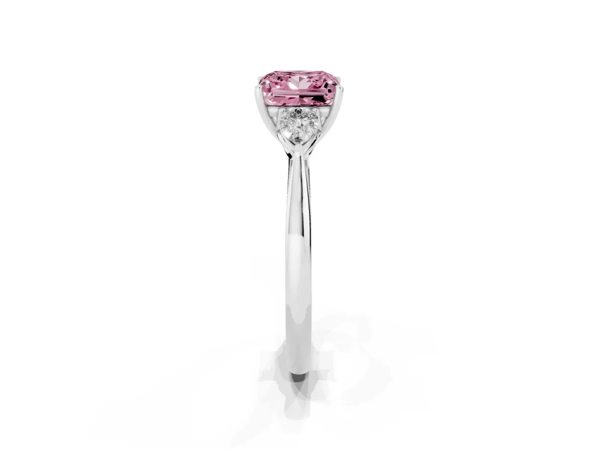 Fancy Pink Three-Stone Princess Cut Diamond Ring with Pear Side Stones in Four-Prong Setting Silver