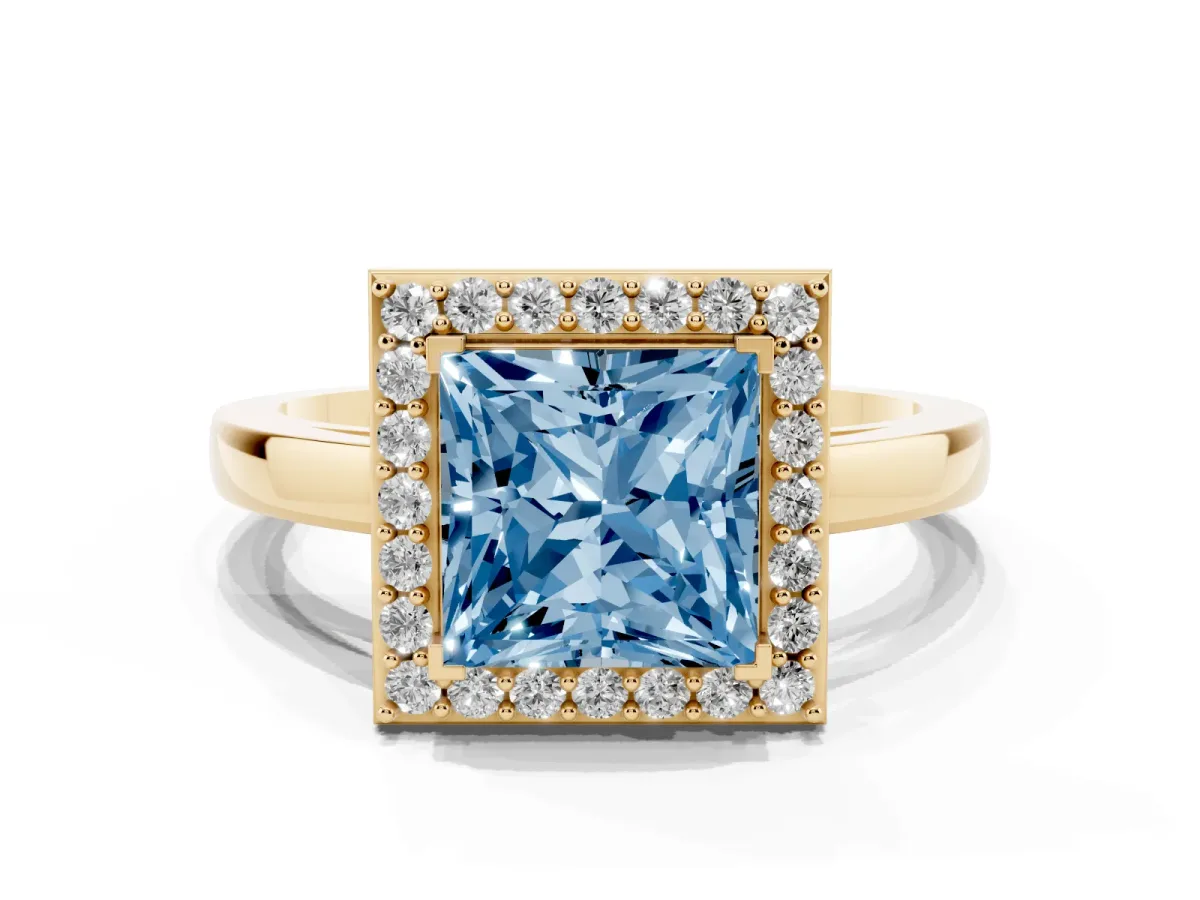 Fancy Blue Princess Cut Halo Diamond Ring with Solitaire Band and Prong Setting Yellow gold