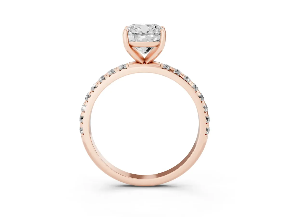 Cushion Cut Cut Diamond Solitaire Ring with Micro Pave Band and Four Prong Setting Rose gold