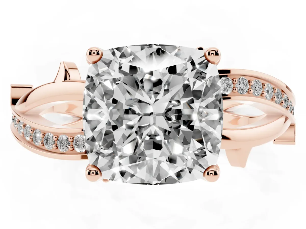 Cushion Cut Solitaire Twist Band with Pavé Accents and Four-Prong Setting Rose gold