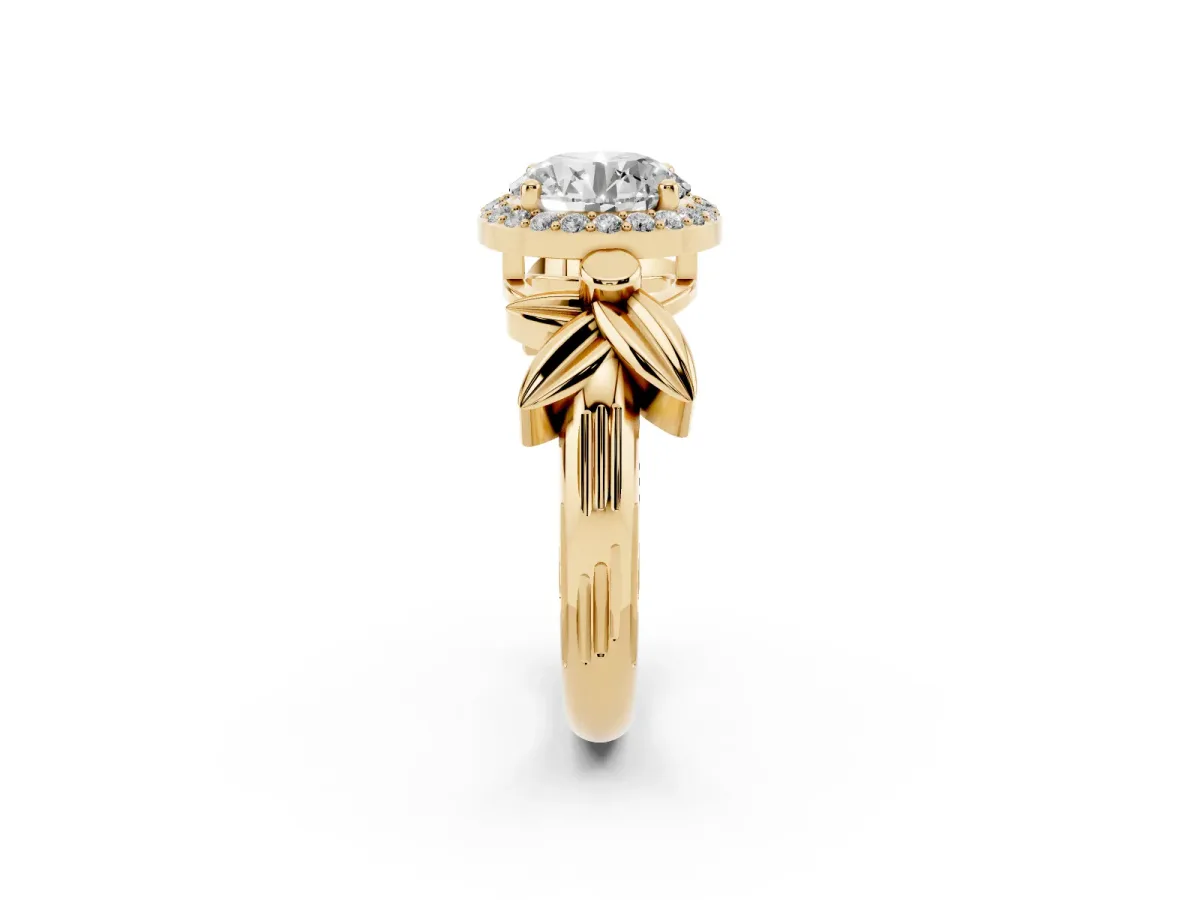 Round Cut Halo Diamond Floral Band with Four-Prong Setting Yellow gold