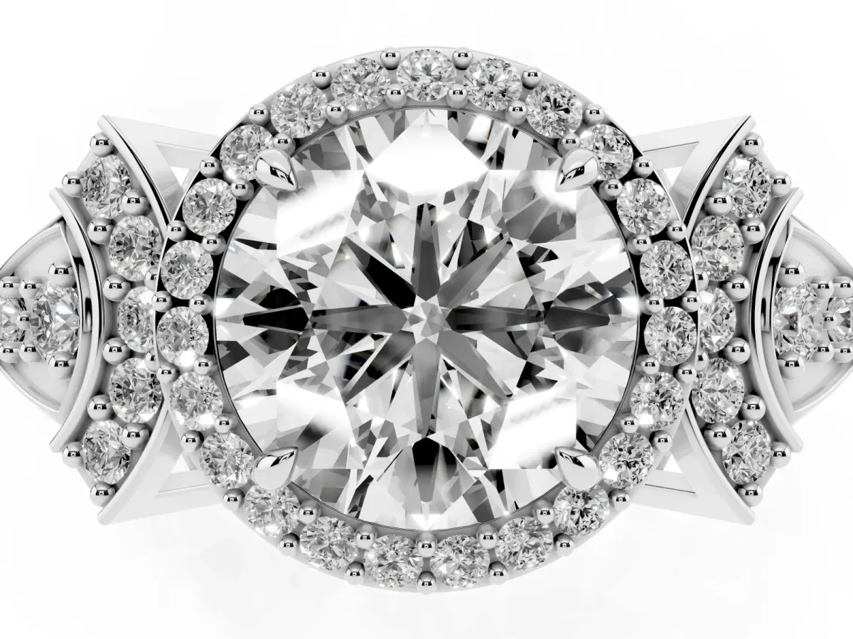 Round Cut Halo Diamond Split Shank Engagement Ring with Four-Prong Setting Silver