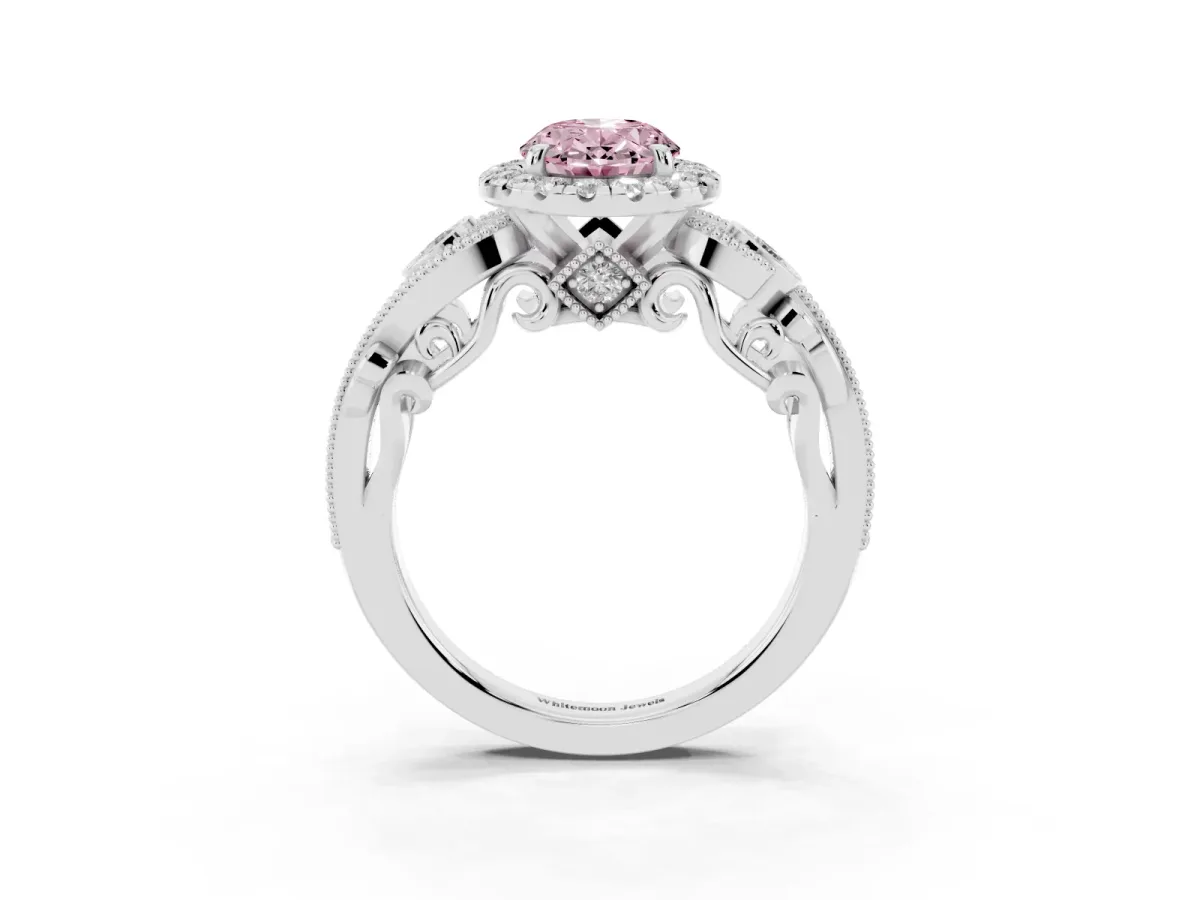 Fancy Pink Oval Cut Halo Diamond Ring with Milgrain and Bezel Accents on a Split Shank Band Silver