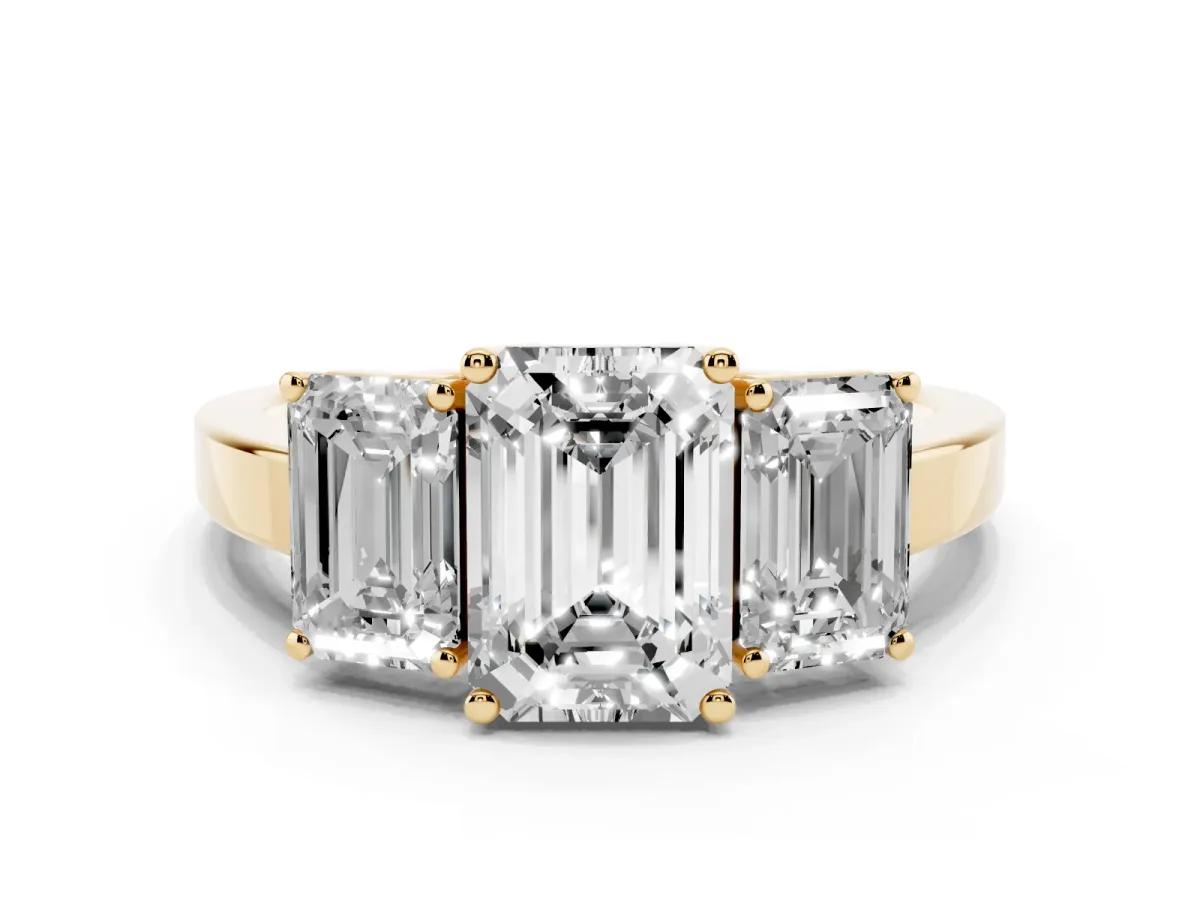 Three-Stone Emerald Cut Cut Diamond Engagement Ring with Flat Band and Four-Prong Setting Yellow gold