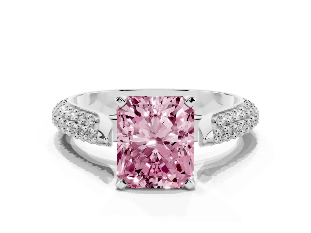 Fancy Pink Radiant Cut Diamond Solitaire Engagement Ring with Multi-Row Round Pavé Band and Prong Setting Platinum