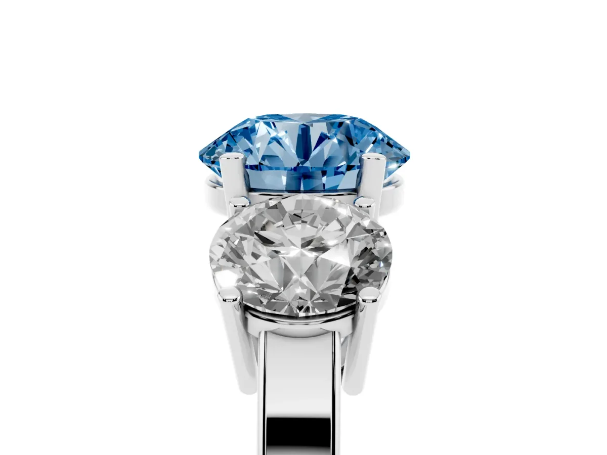 Fancy Blue Three-Stone Round Cut Cut Diamond Engagement Ring with Flat Band and Four-Prong Setting Silver