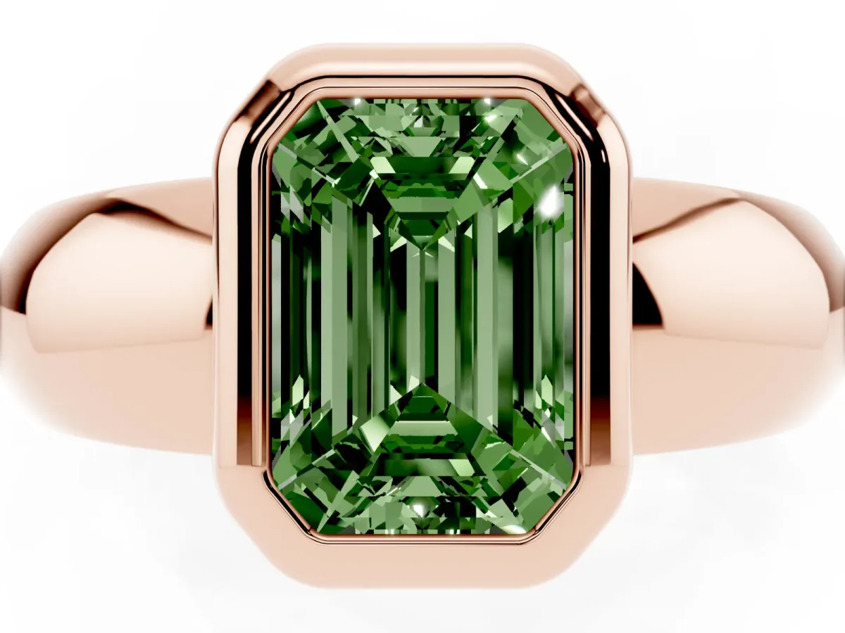 Fancy Green Bezel Set Emerald Cut Solitaire Ring with Wide Band Rose gold