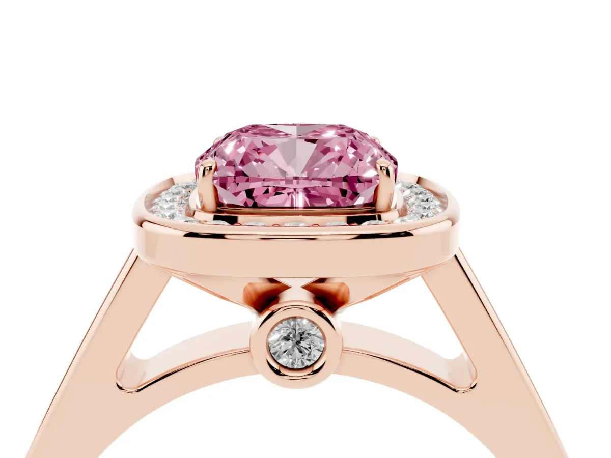 Fancy Pink Cushion Cut Halo Solitaire Diamond Ring with Pave Band and Bezel Setting Rose gold