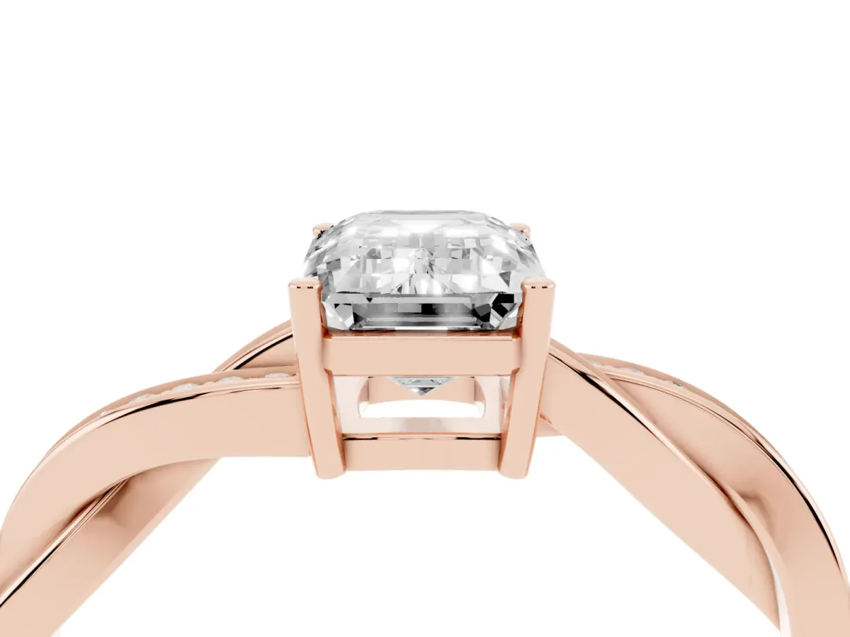 Emerald Cut Solitaire Twisted Pave Diamond Ring with Four-Prong Setting Rose gold