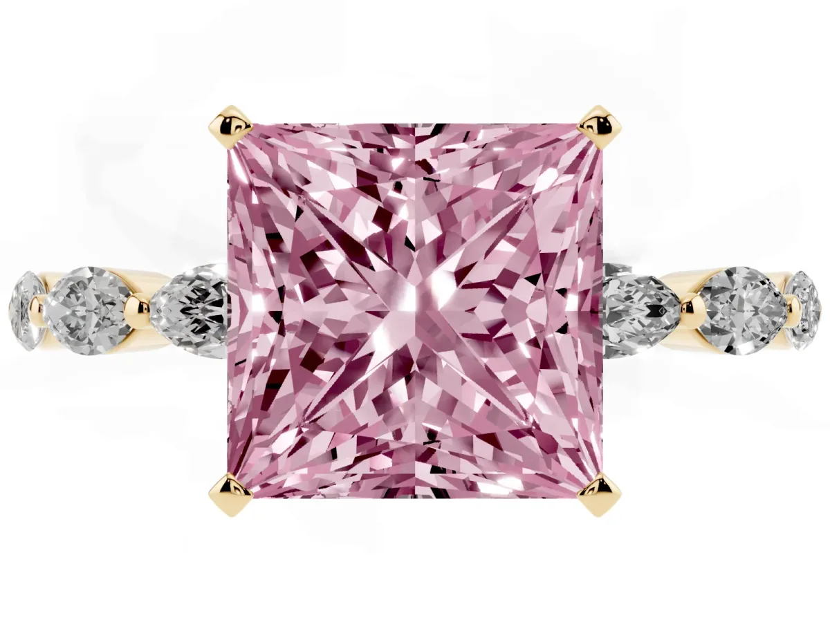 Fancy Pink Princess Cut Diamond Ring with Marquise Side Stones and Prong Setting Yellow gold