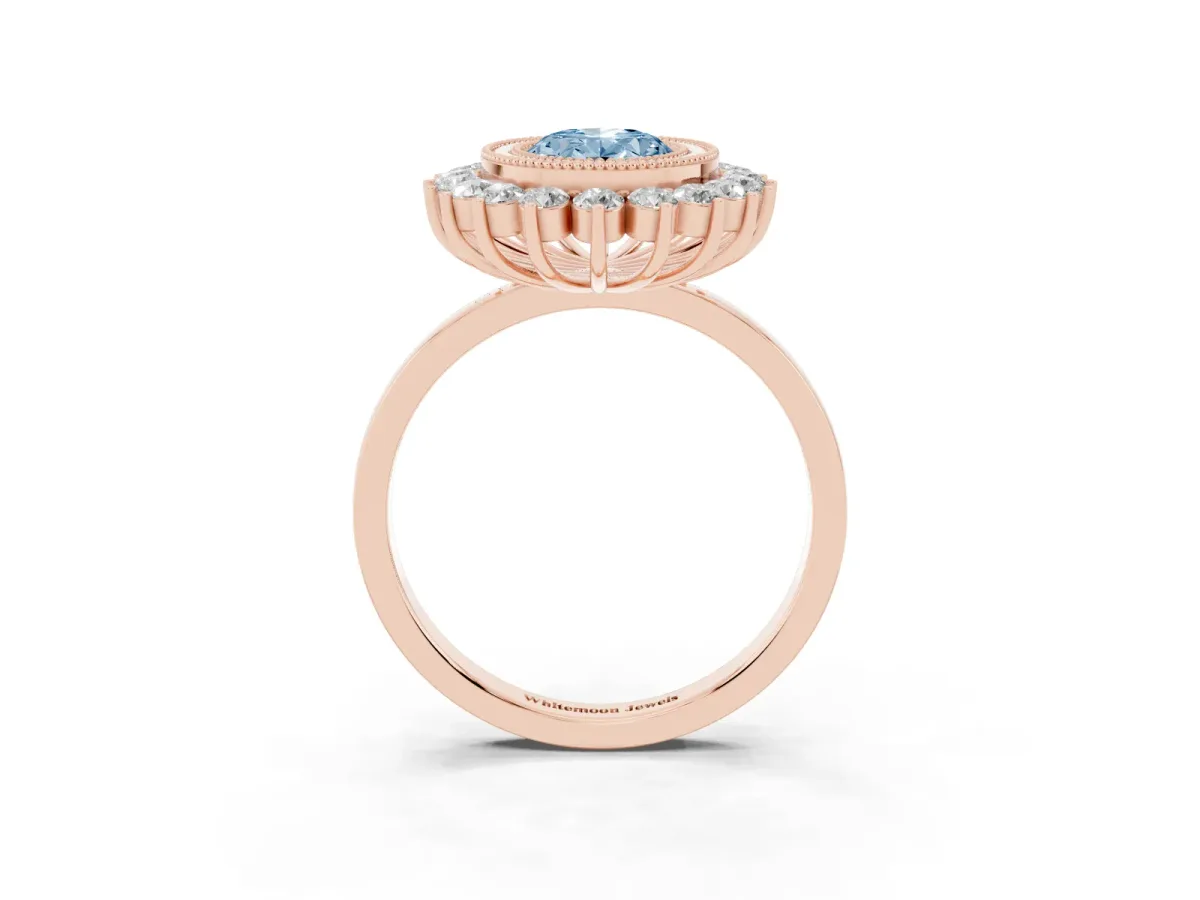 Fancy Blue Oval Cut Halo Diamond Ring with Milgrain Edge and Round Prong Setting Rose gold