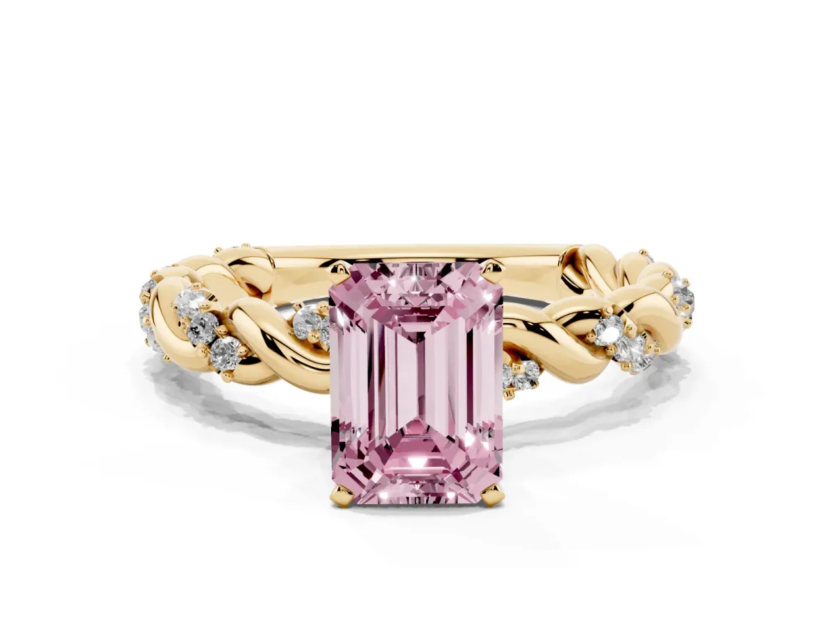 Fancy Pink Emerald Cut Diamond Solitaire Ring with Twisted Band and Pavé Accents Yellow gold