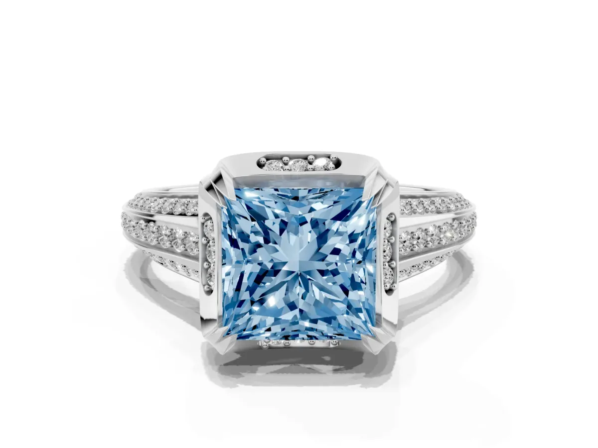 Fancy Blue Princess Cut Solitaire Pave Split Shank Ring with Four-Prong Setting White gold